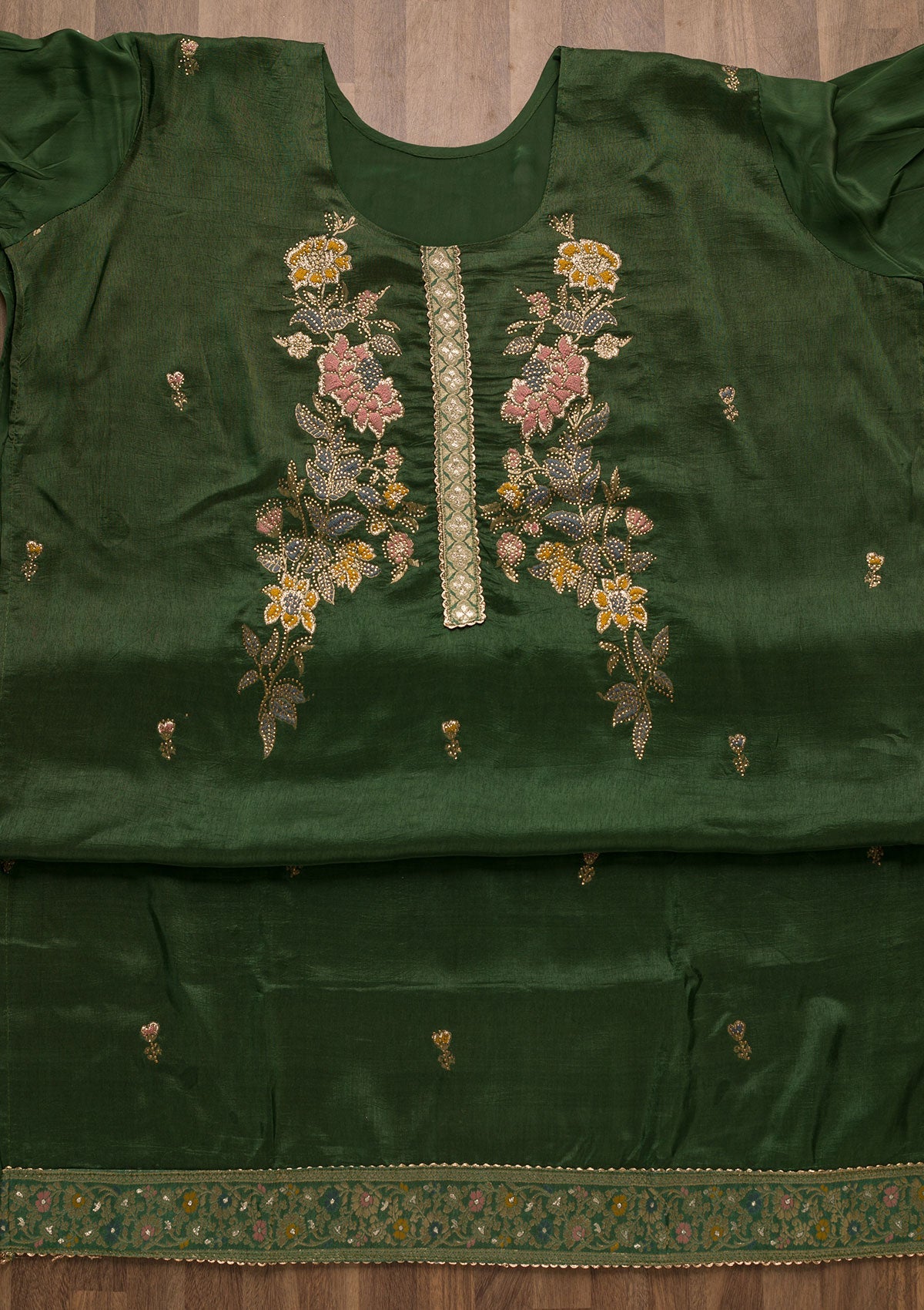 Bottle Green Stonework Raw Silk Unstitched Salwar Suit-Koskii
