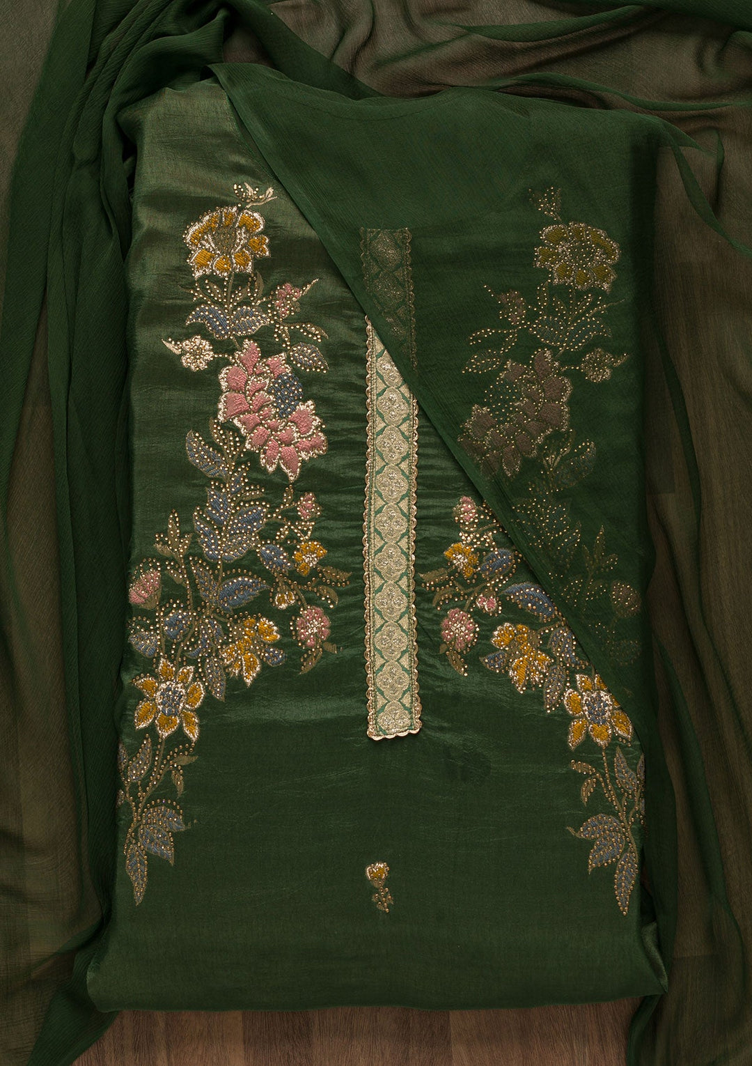 Bottle Green Stonework Raw Silk Unstitched Salwar Suit-Koskii