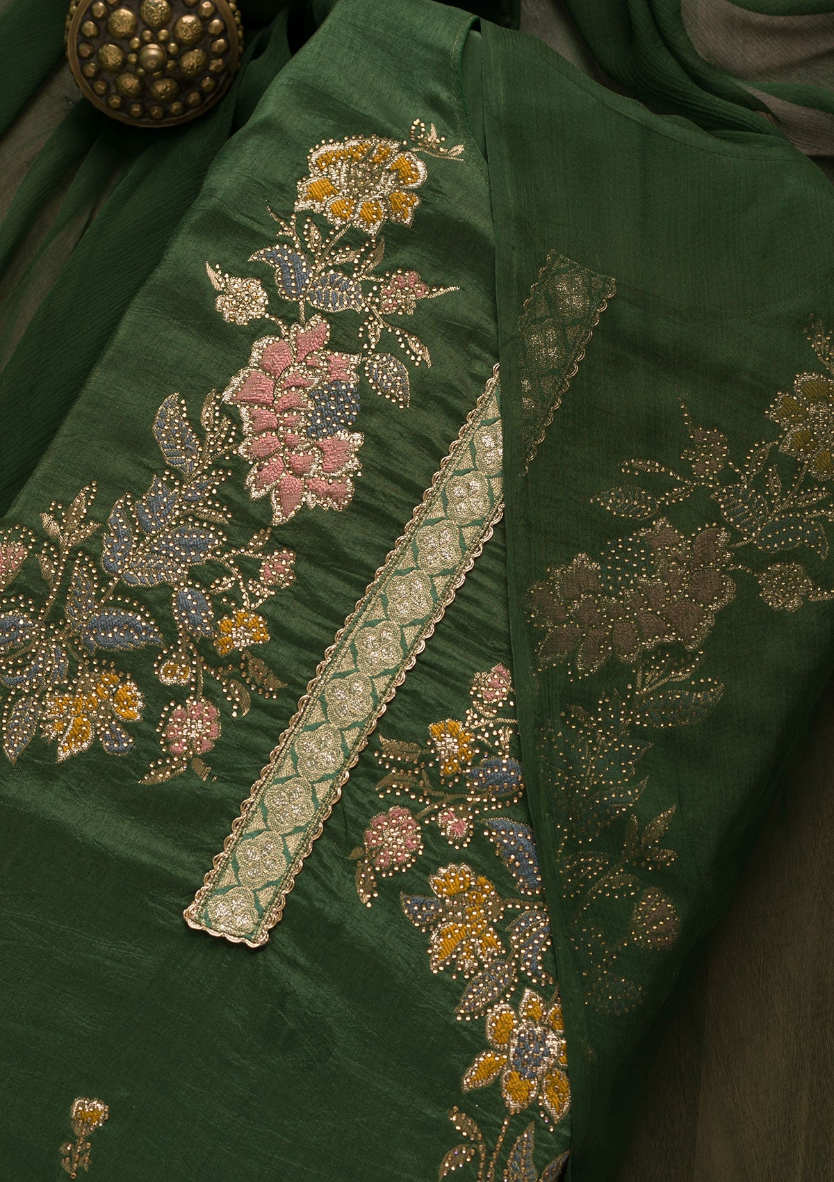 Bottle Green Stonework Raw Silk Unstitched Salwar Suit-Koskii