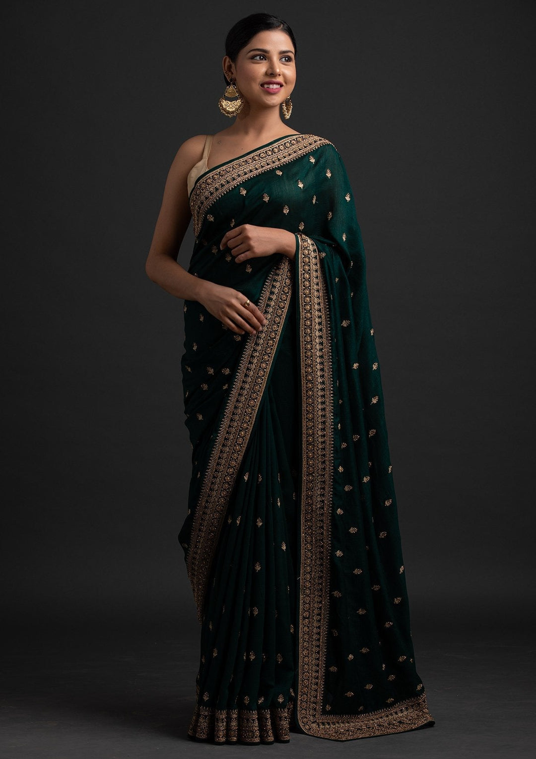 Bottle Green Stonework Raw Silk Designer Saree - koskii
