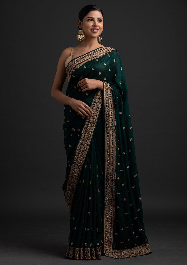 Bottle Green Stonework Raw Silk Designer Saree - koskii