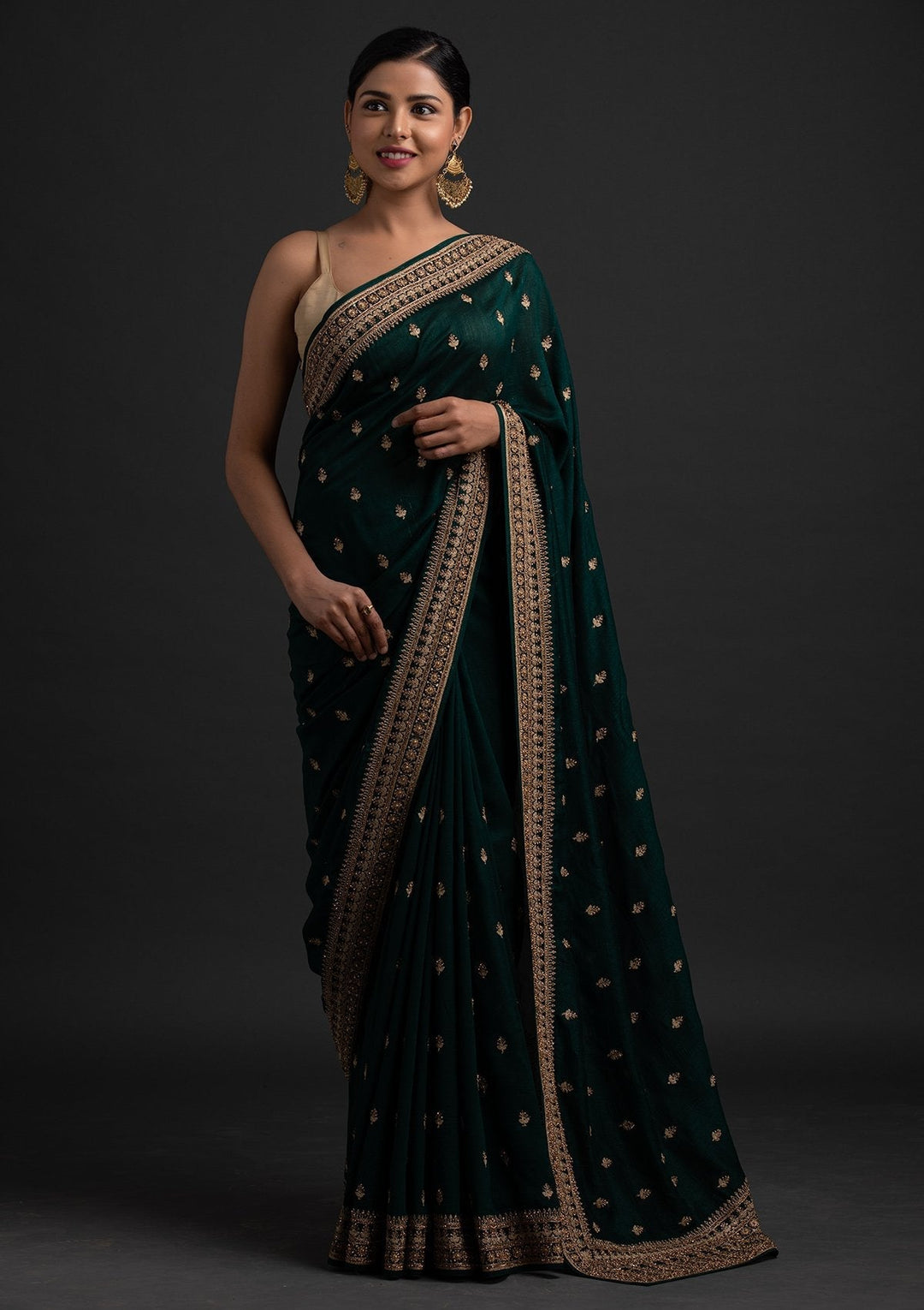 Bottle Green Stonework Raw Silk Designer Saree - koskii