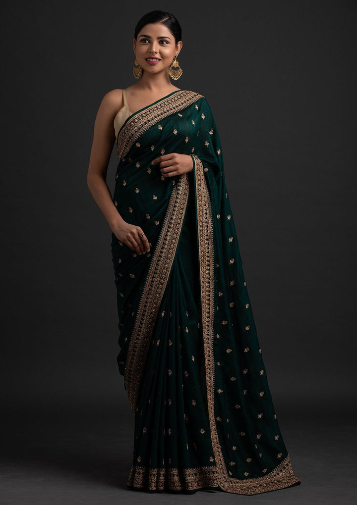 Bottle Green Stonework Raw Silk Designer Saree - koskii