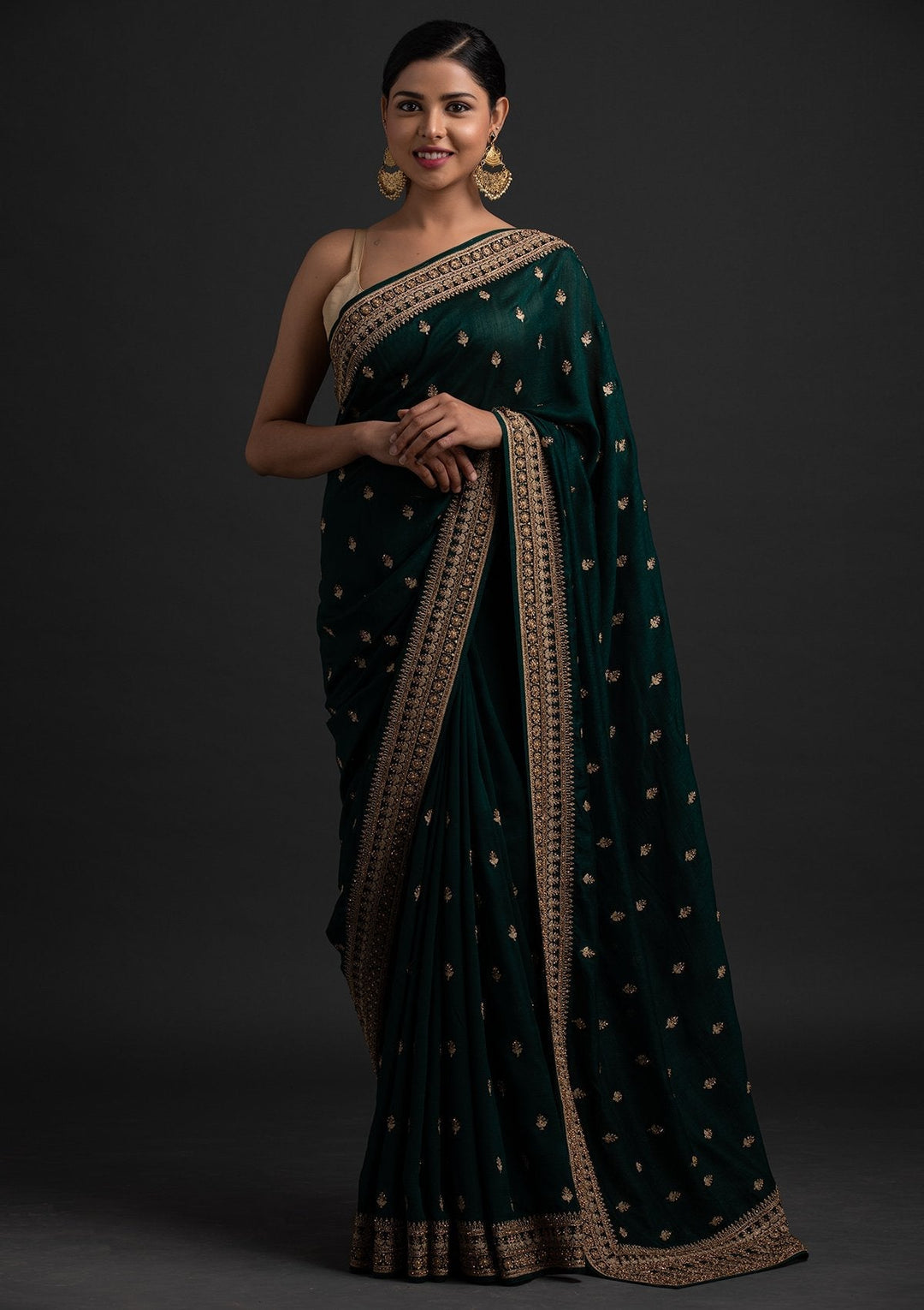 Bottle Green Stonework Raw Silk Designer Saree - koskii