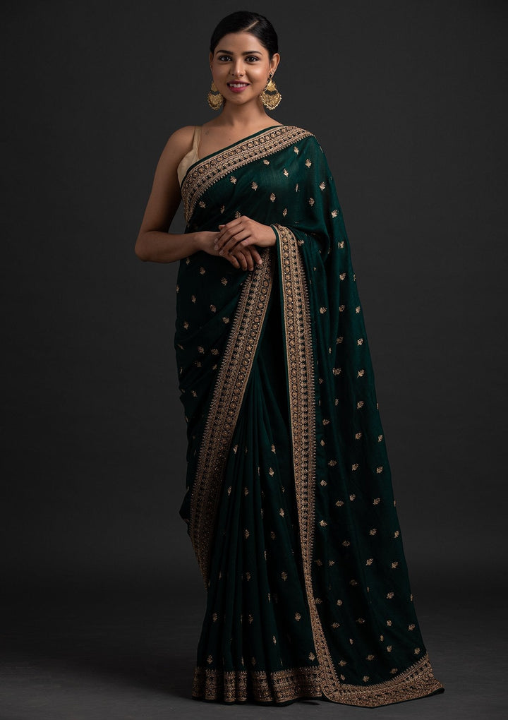Bottle Green Stonework Raw Silk Designer Saree - koskii