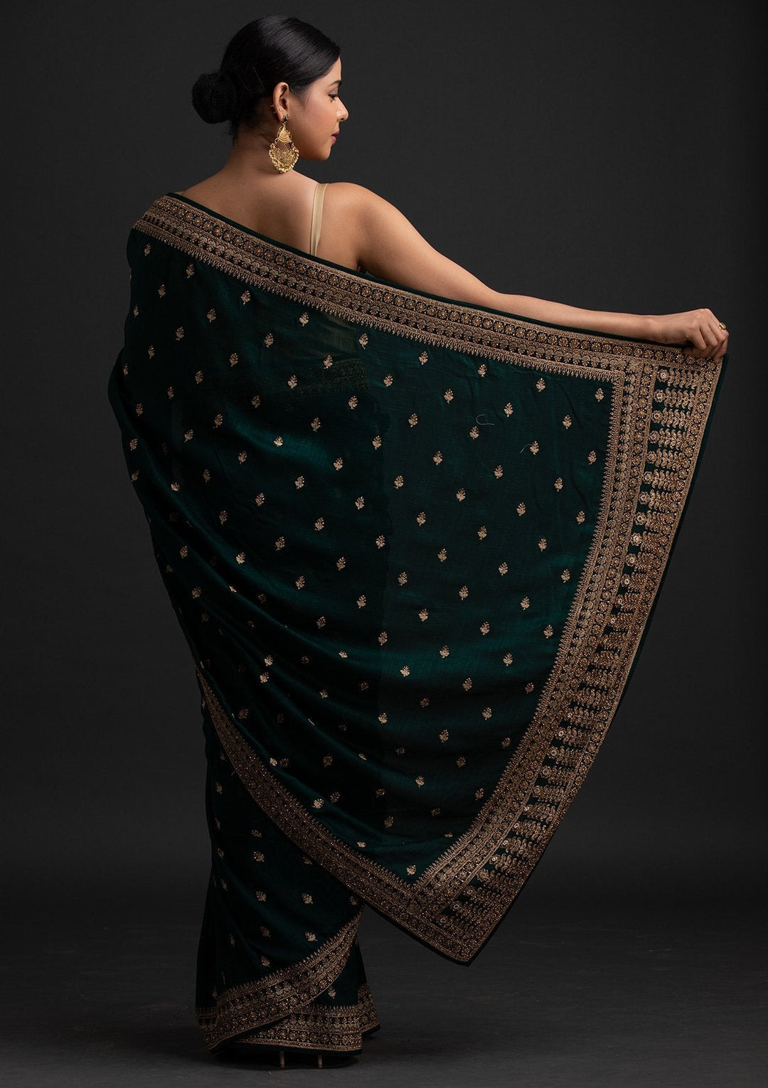 Bottle Green Stonework Raw Silk Designer Saree - koskii