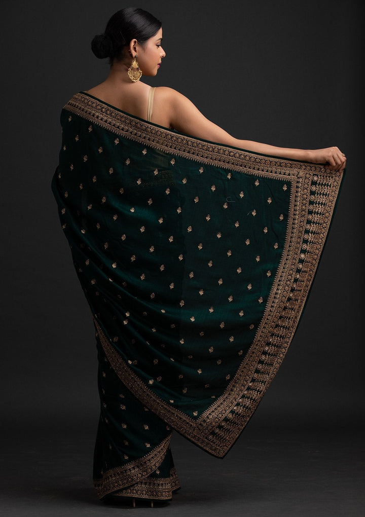 Bottle Green Stonework Raw Silk Designer Saree - koskii