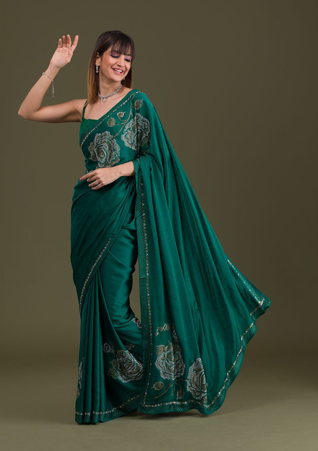 Bottle Green Stonework Satin Saree-Koskii