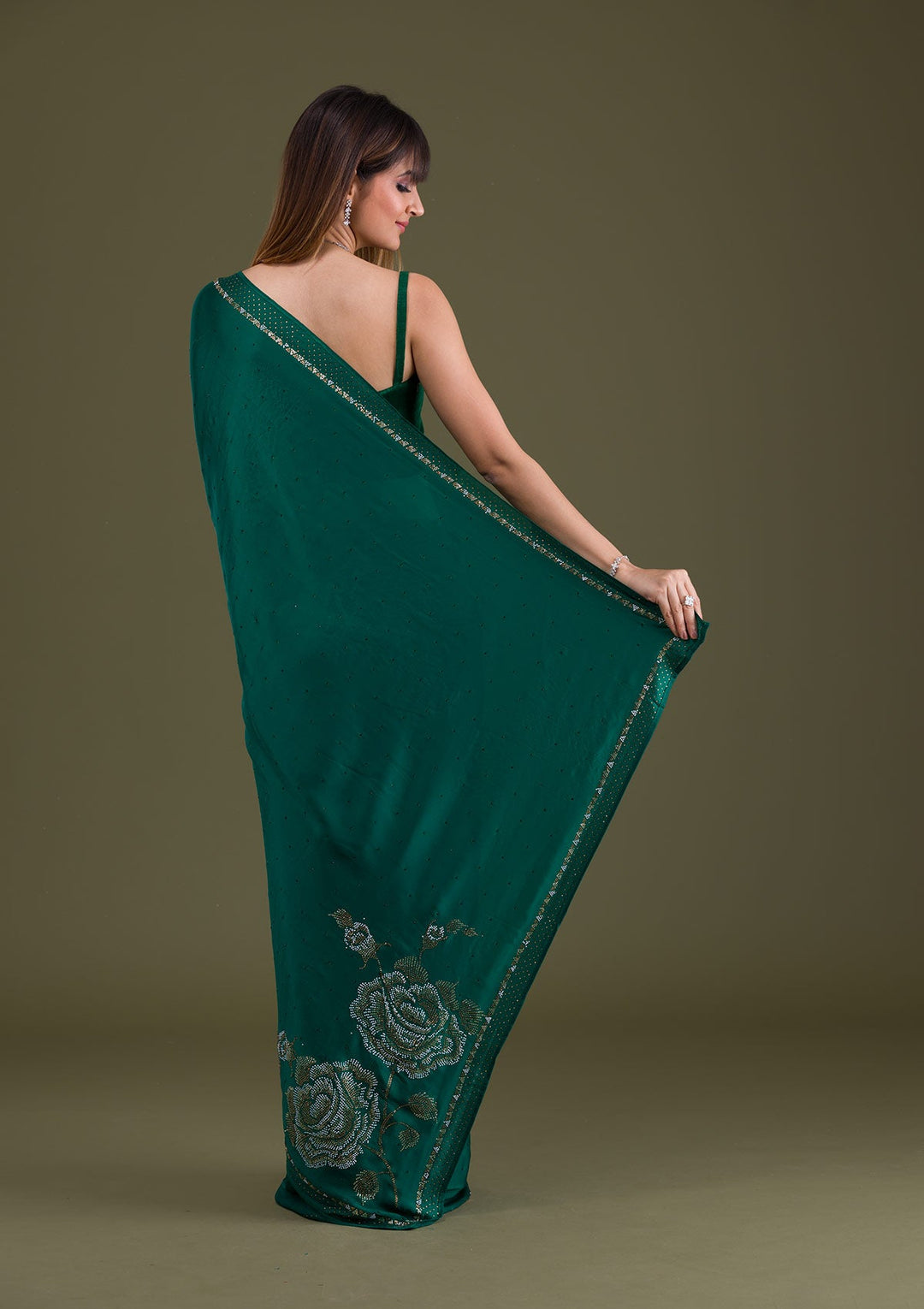 Bottle Green Stonework Satin Saree-Koskii