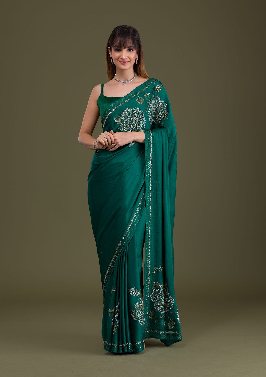Bottle Green Stonework Satin Saree-Koskii