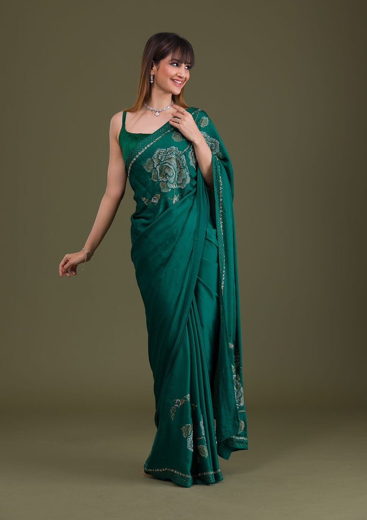 Bottle Green Stonework Satin Saree-Koskii