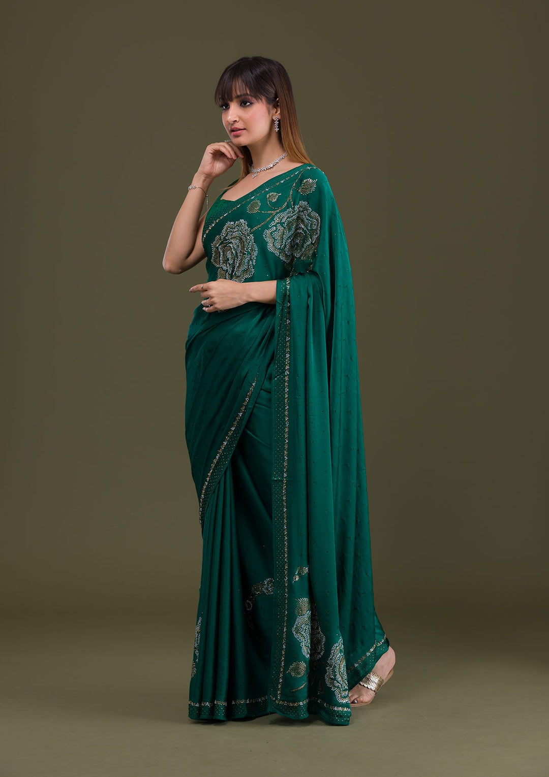Bottle Green Stonework Satin Saree-Koskii