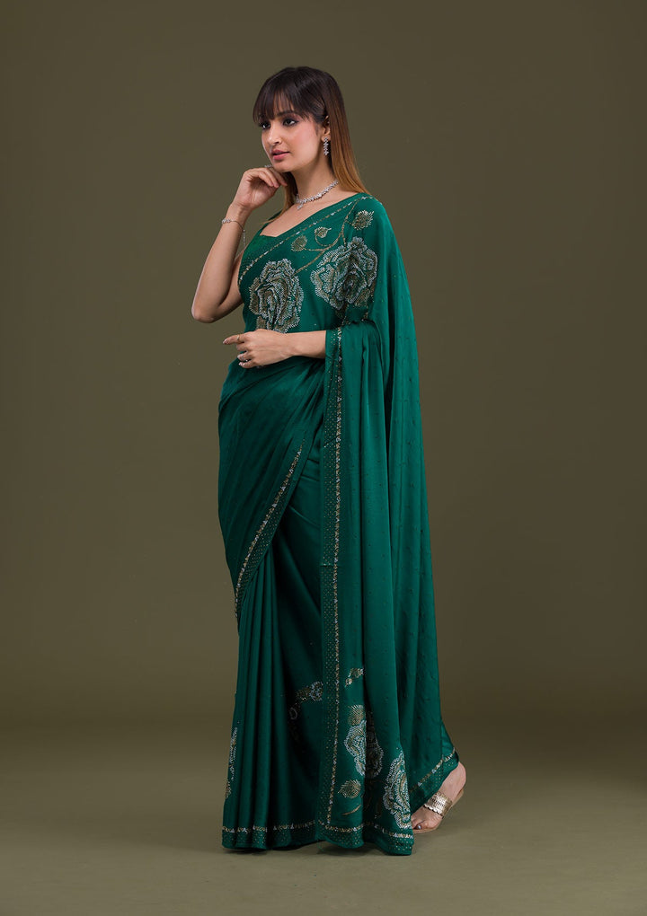Bottle Green Stonework Satin Saree-Koskii