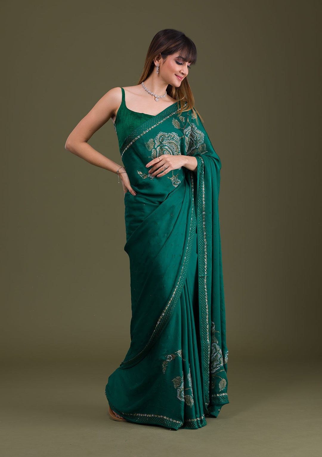 Bottle Green Stonework Satin Saree-Koskii