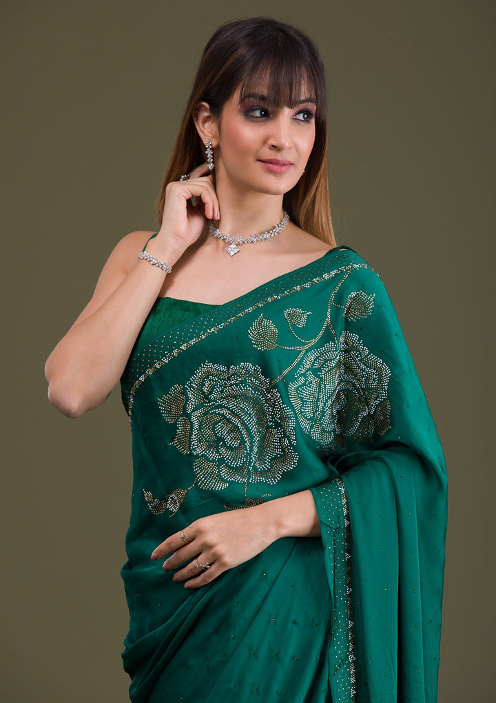 Bottle Green Stonework Satin Saree-Koskii