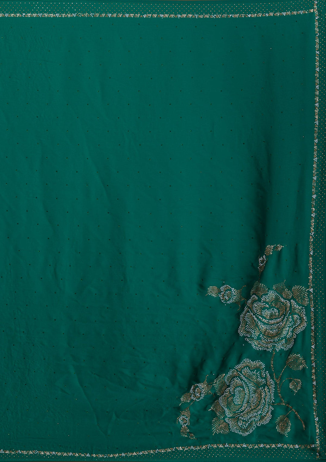 Bottle Green Stonework Satin Saree-Koskii