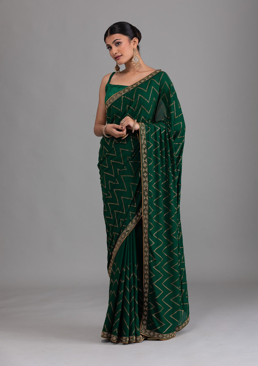 Bottle Green Stonework Semi Crepe Unstitched Saree-Koskii