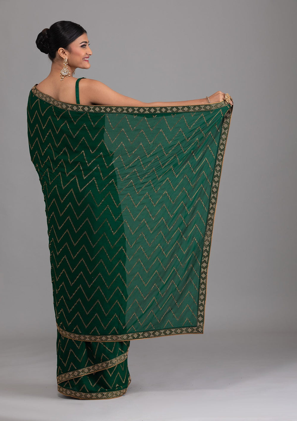 Bottle Green Stonework Semi Crepe Unstitched Saree-Koskii