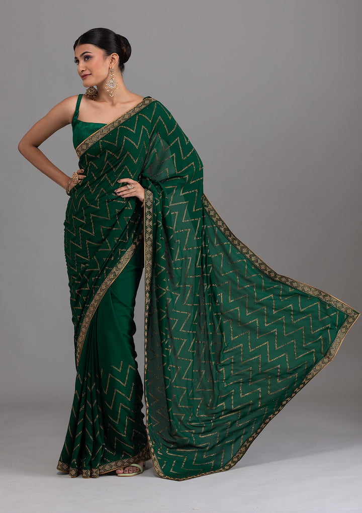 Bottle Green Stonework Semi Crepe Unstitched Saree-Koskii