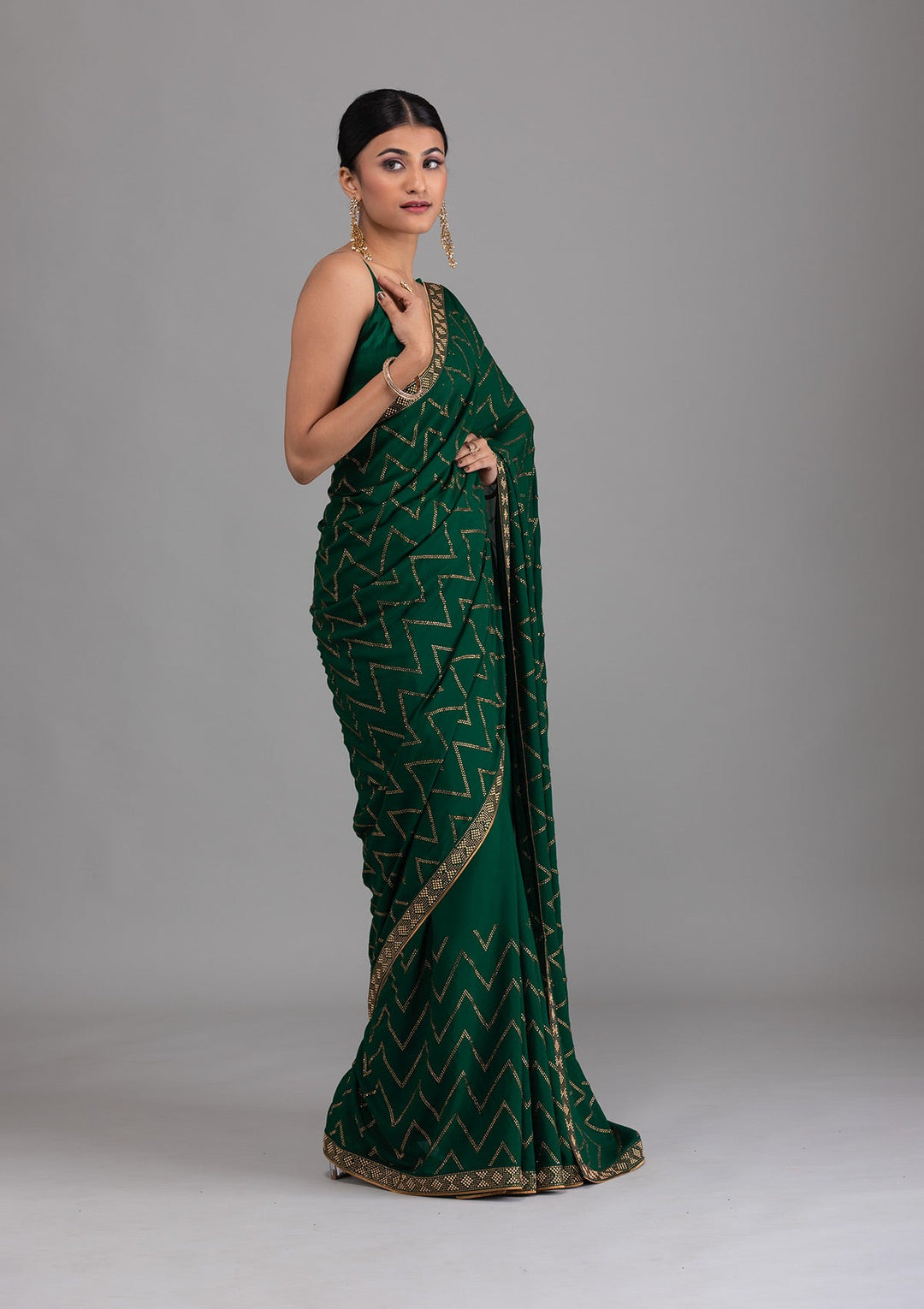 Bottle Green Stonework Semi Crepe Unstitched Saree-Koskii