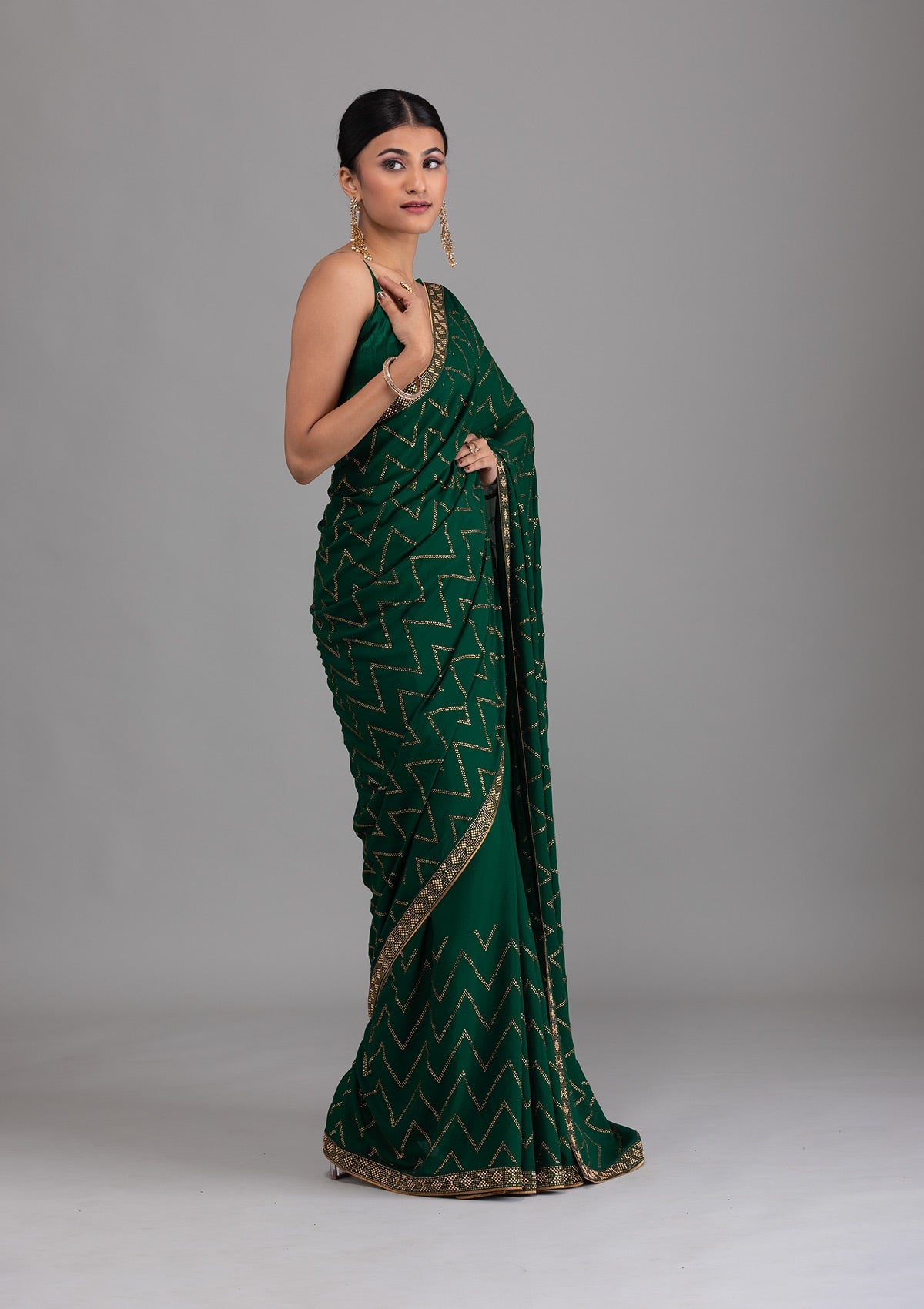 Bottle Green Stonework Semi Crepe Unstitched Saree-Koskii