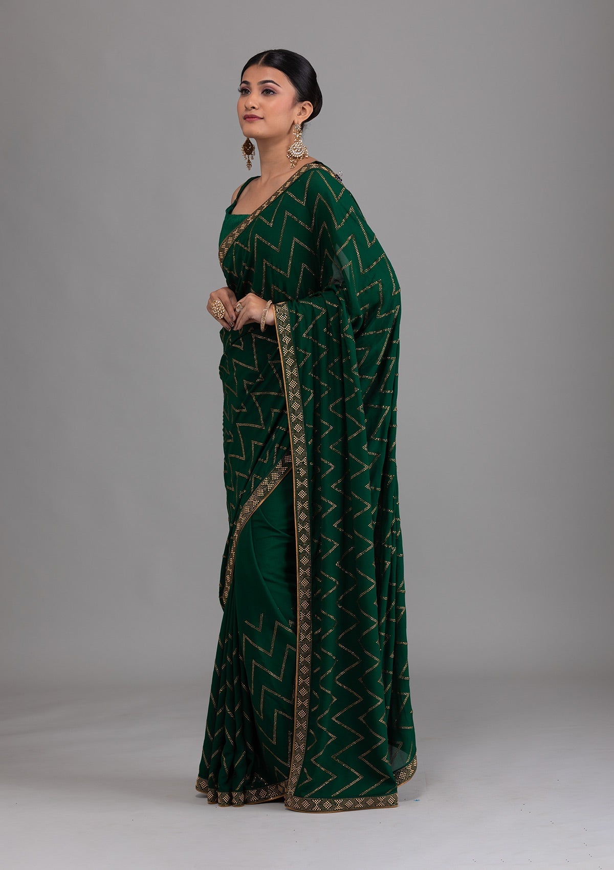 Bottle Green Stonework Semi Crepe Unstitched Saree-Koskii