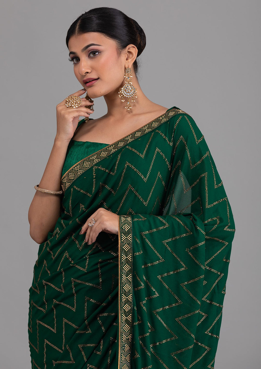 Bottle Green Stonework Semi Crepe Unstitched Saree-Koskii