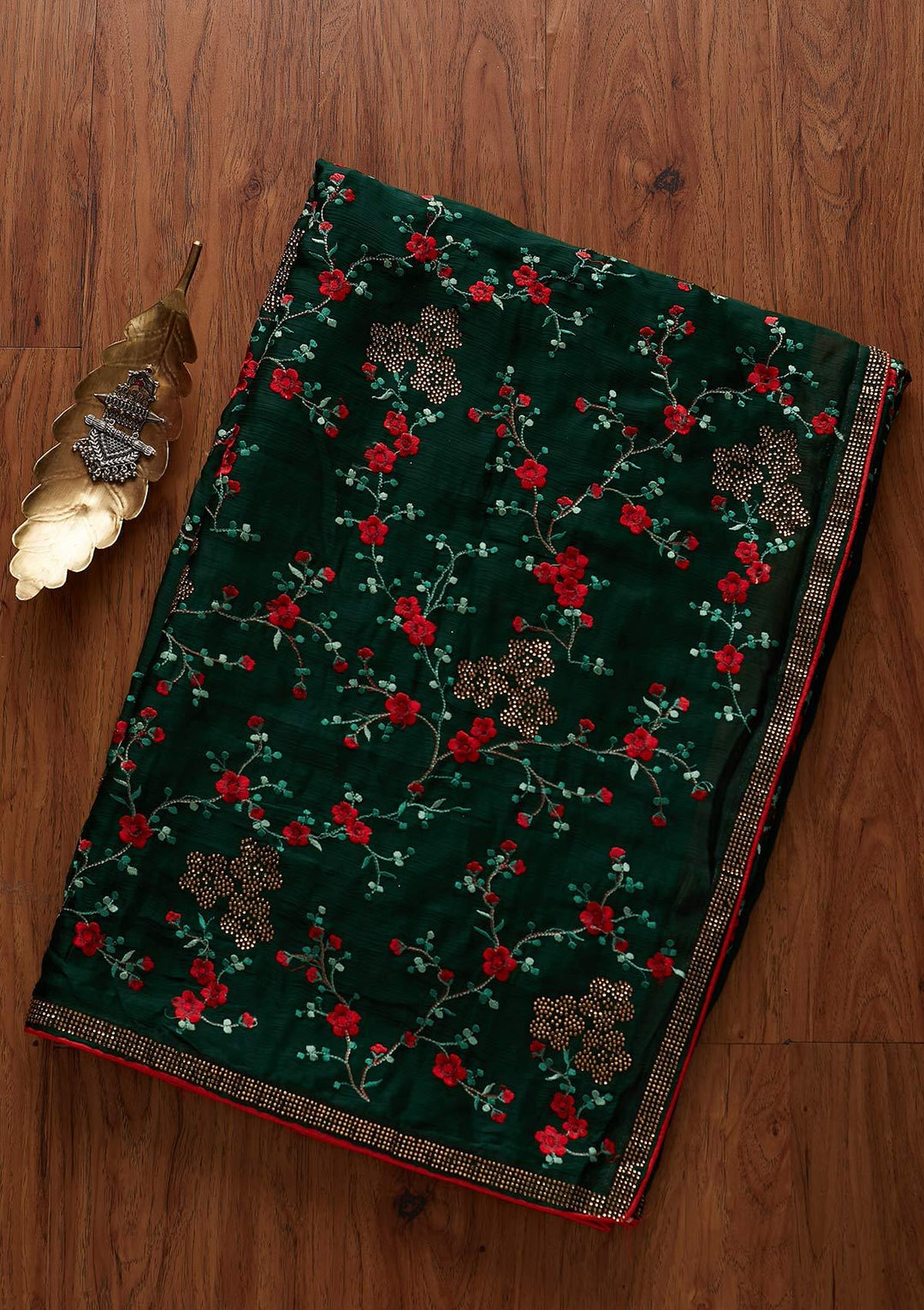Bottle Green Swarovski Art Silk Designer Saree - koskii