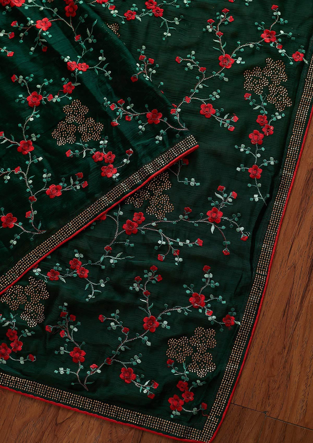 Bottle Green Swarovski Art Silk Designer Saree - koskii