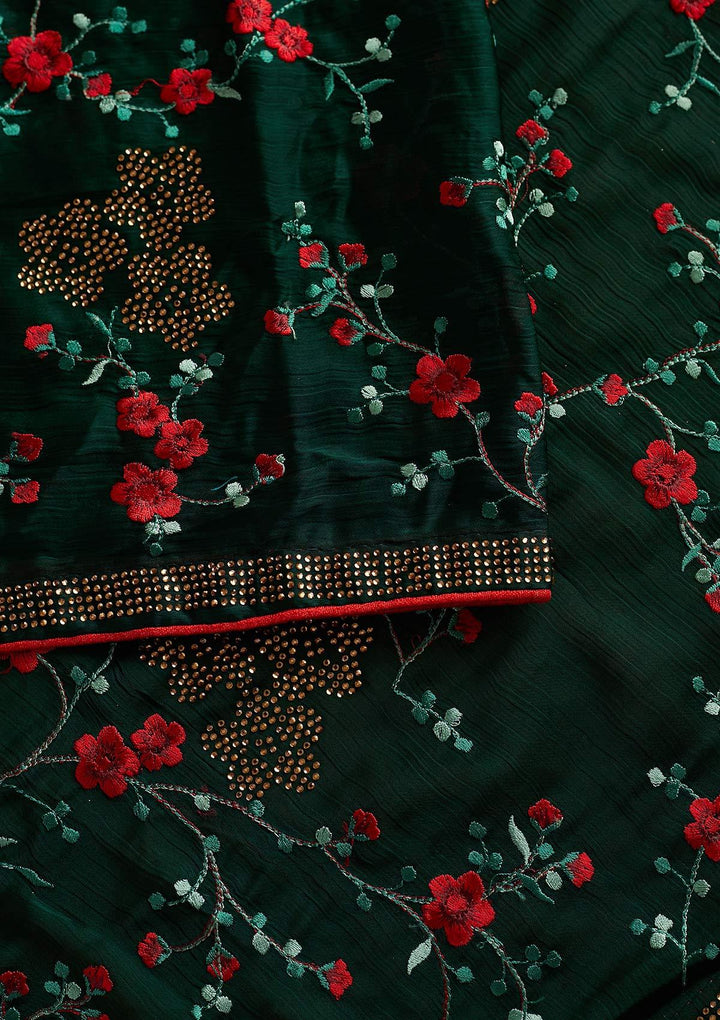 Bottle Green Swarovski Art Silk Designer Saree - koskii