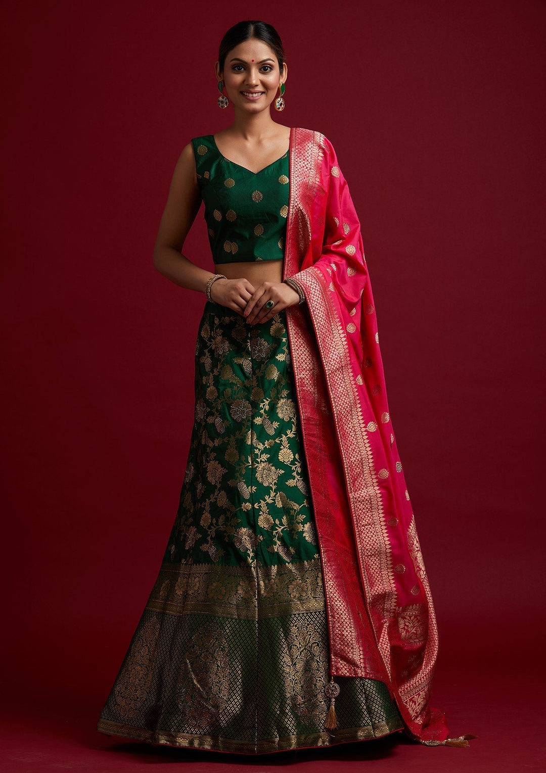 Bottle Green Swarovski Banarasi Designer Semi-Stitched Lehenga - koskii