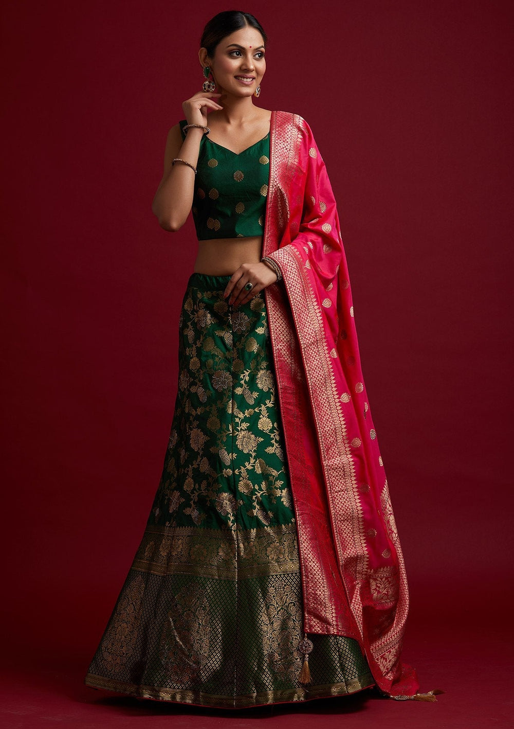 Bottle Green Swarovski Banarasi Designer Semi-Stitched Lehenga - koskii