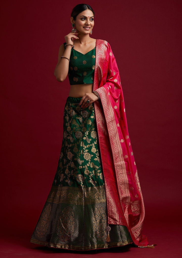 Bottle Green Swarovski Banarasi Designer Semi-Stitched Lehenga - koskii