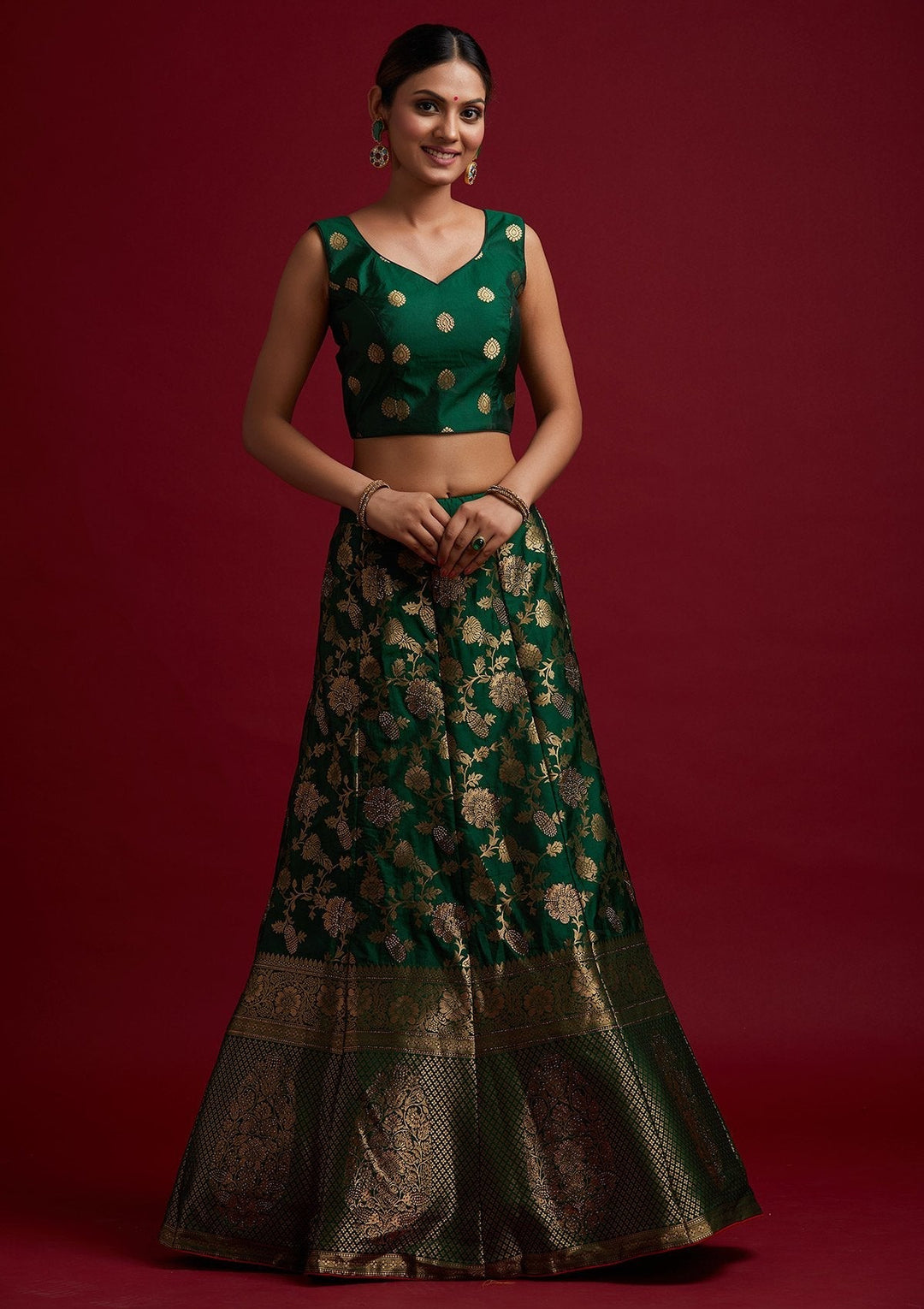 Bottle Green Swarovski Banarasi Designer Semi-Stitched Lehenga - koskii