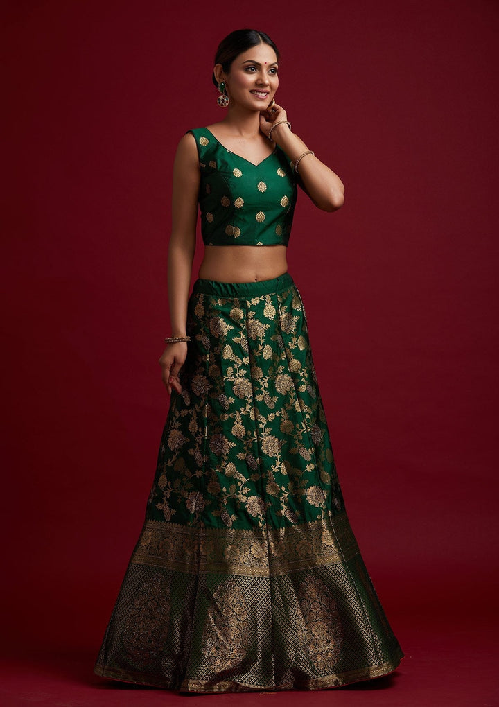 Bottle Green Swarovski Banarasi Designer Semi-Stitched Lehenga - koskii