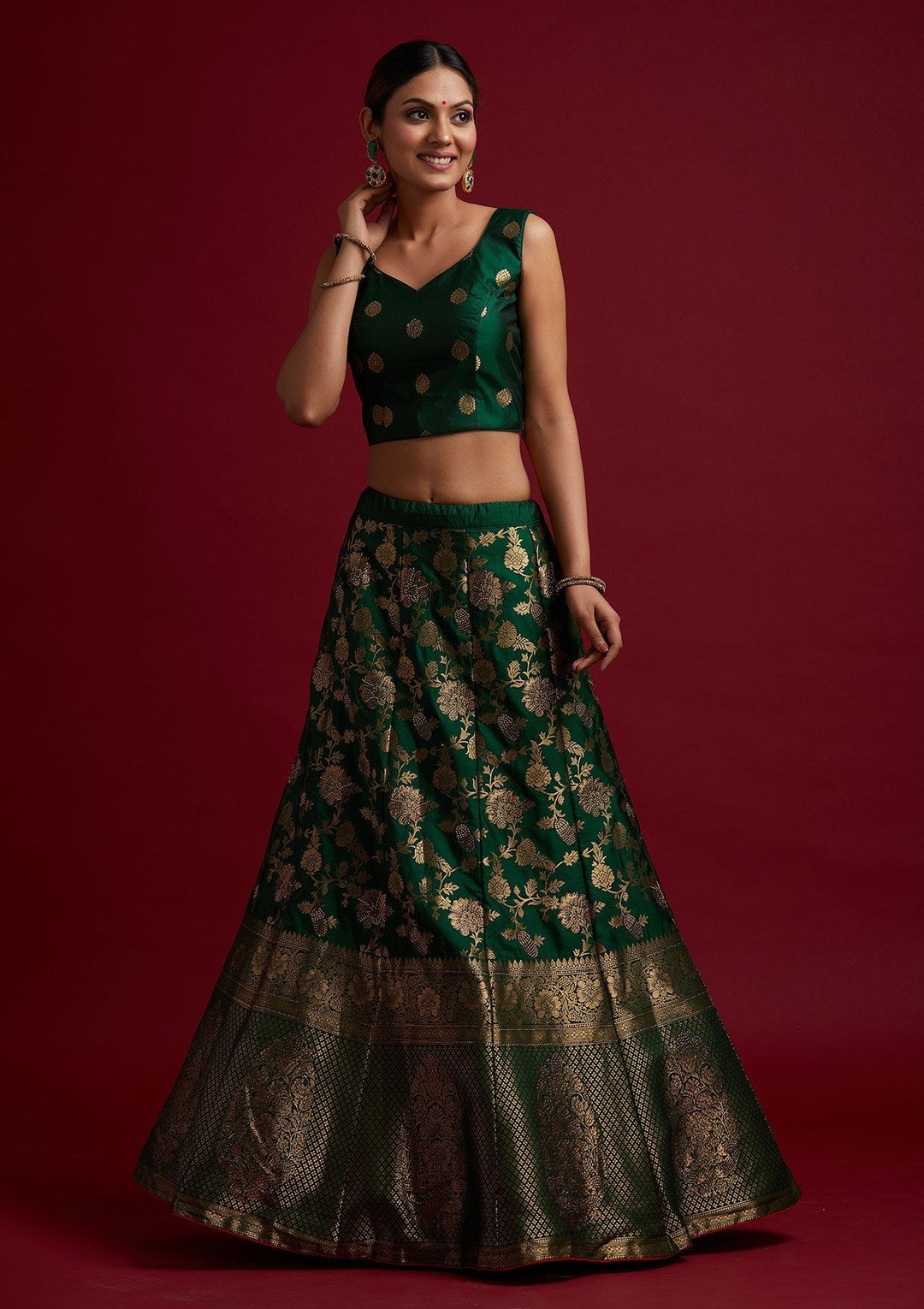 Bottle Green Swarovski Banarasi Designer Semi-Stitched Lehenga - koskii