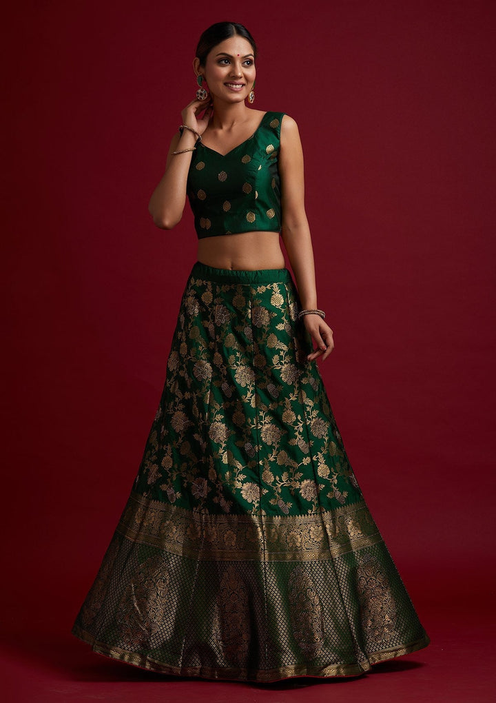 Bottle Green Swarovski Banarasi Designer Semi-Stitched Lehenga - koskii