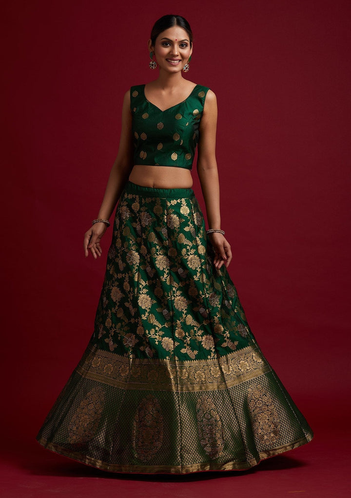 Bottle Green Swarovski Banarasi Designer Semi-Stitched Lehenga - koskii