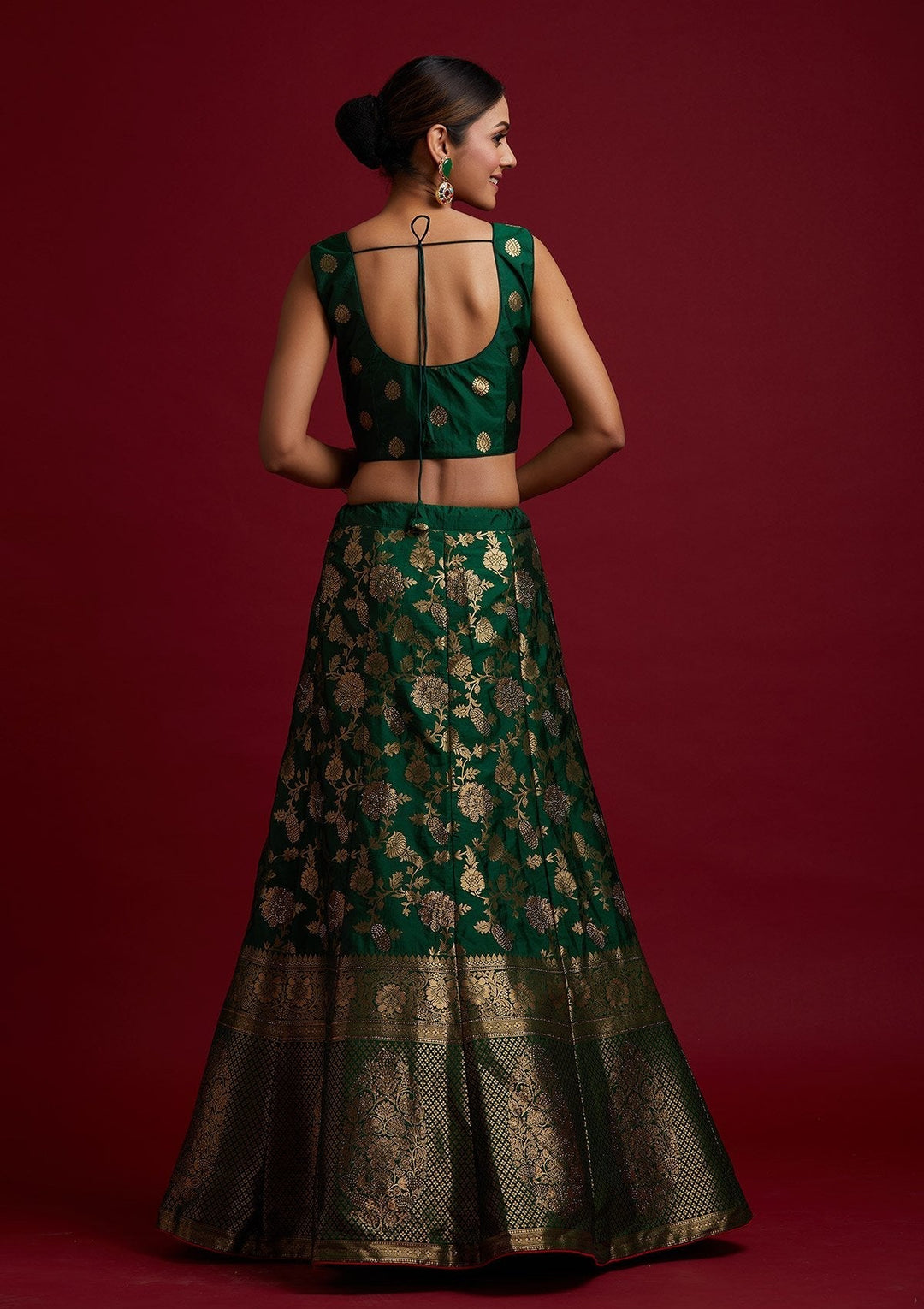 Bottle Green Swarovski Banarasi Designer Semi-Stitched Lehenga - koskii