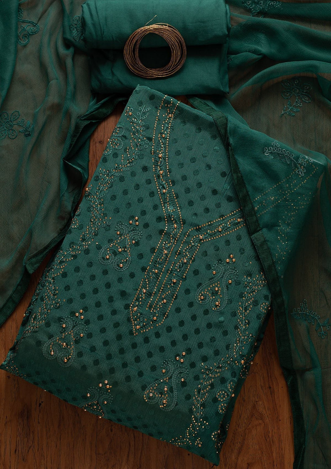 Bottle Green Swarovski Georgette Designer Unstitched Salwar Suit - koskii