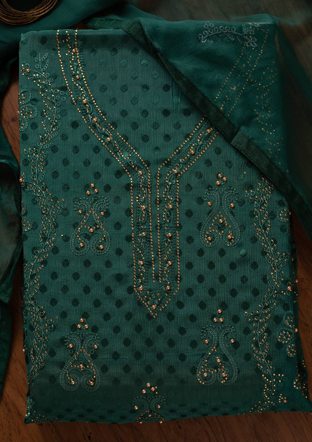 Bottle Green Swarovski Georgette Designer Unstitched Salwar Suit - koskii