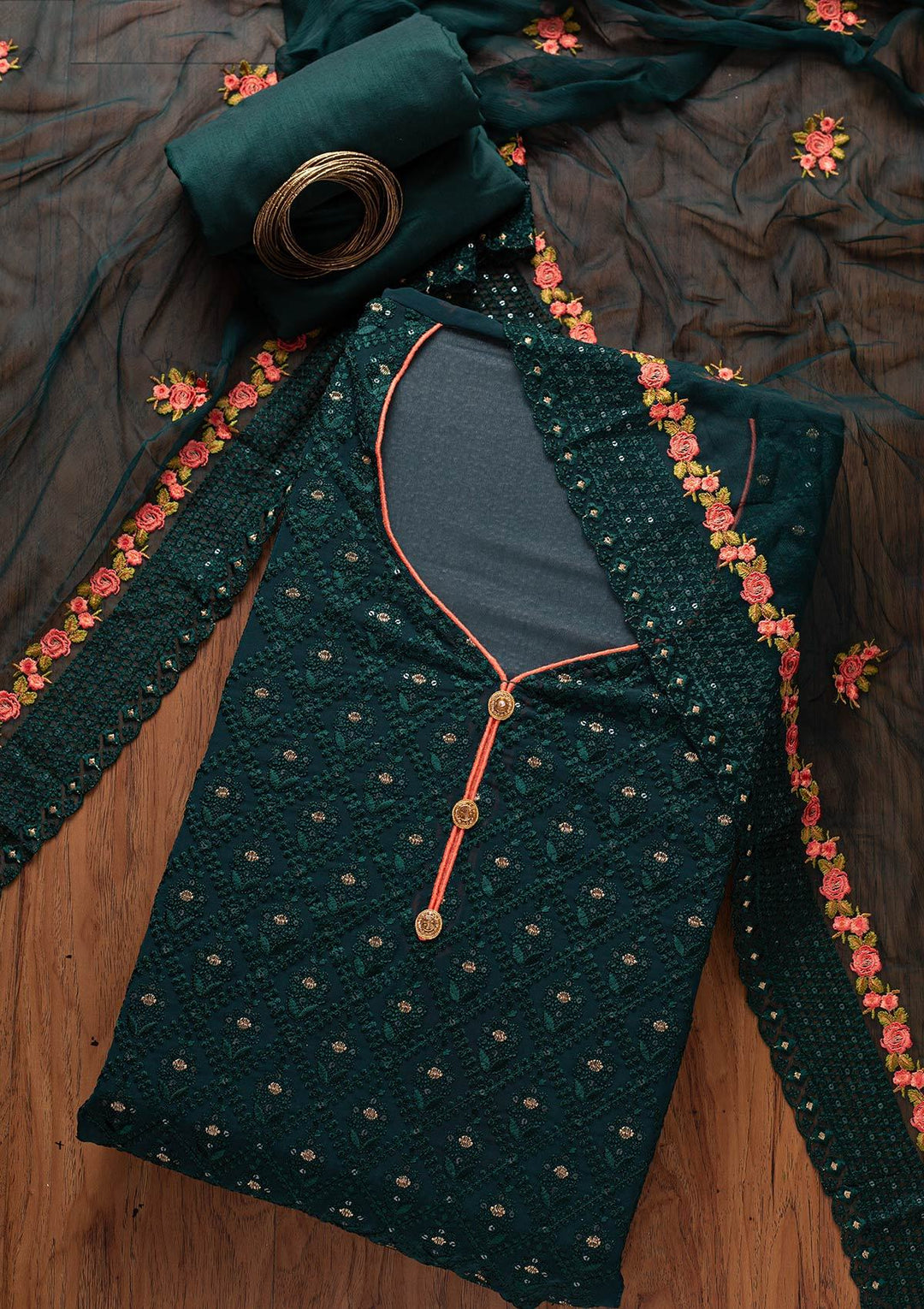 Bottle Green Swarovski Georgette Designer Semi-Stitched Salwar Suit - koskii