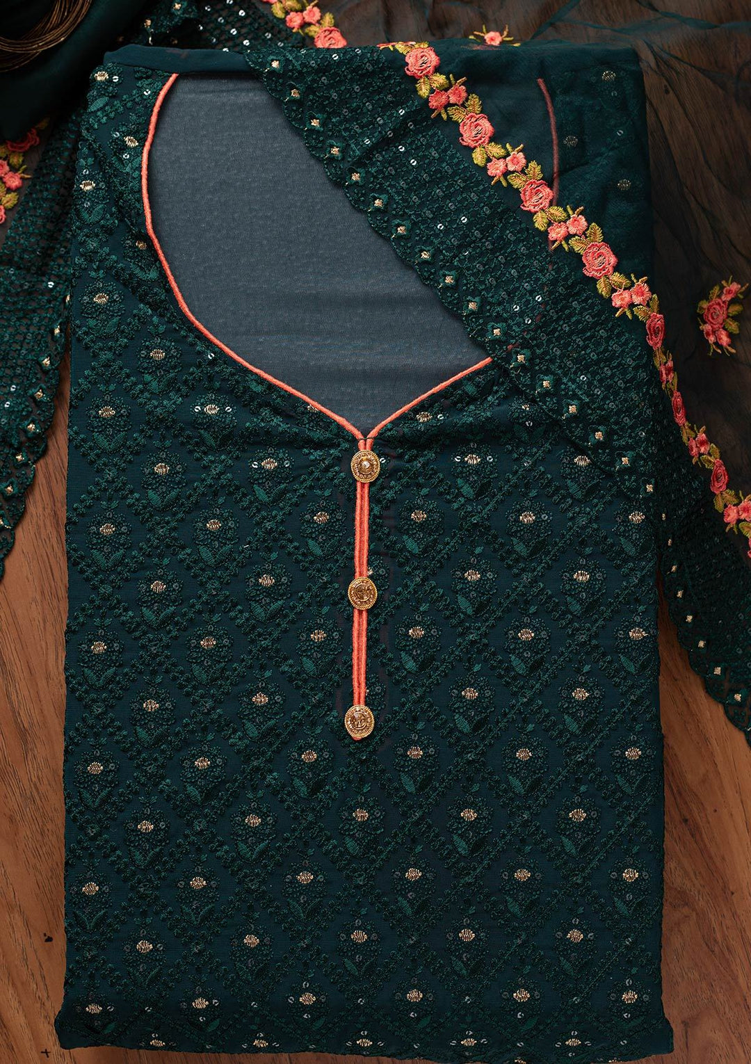 Bottle Green Swarovski Georgette Designer Semi-Stitched Salwar Suit - koskii