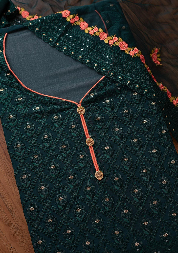 Bottle Green Swarovski Georgette Designer Semi-Stitched Salwar Suit - koskii