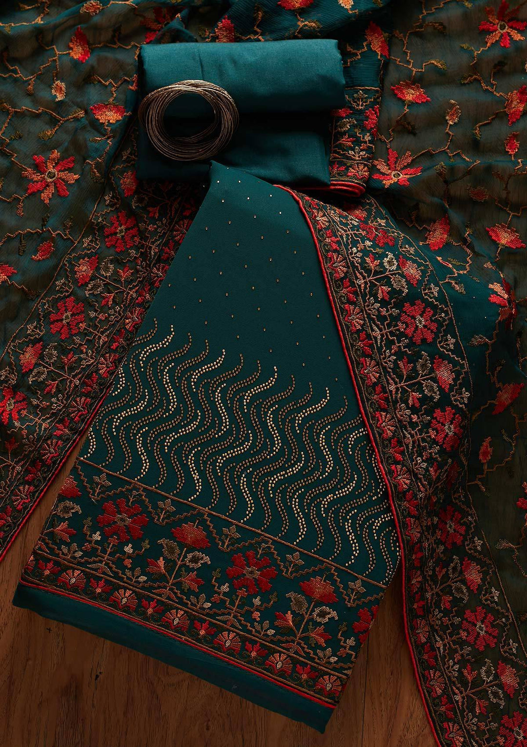 Bottle Green Swarovski Georgette Designer Unstitched Salwar Suit - koskii