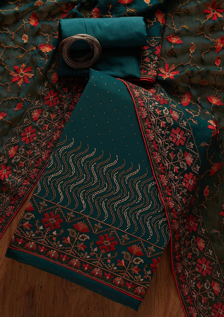 Bottle Green Swarovski Georgette Designer Unstitched Salwar Suit - koskii