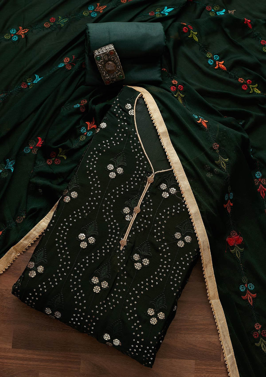 Bottle Green Swarovski Georgette Designer Unstitched Salwar Suit - Koskii