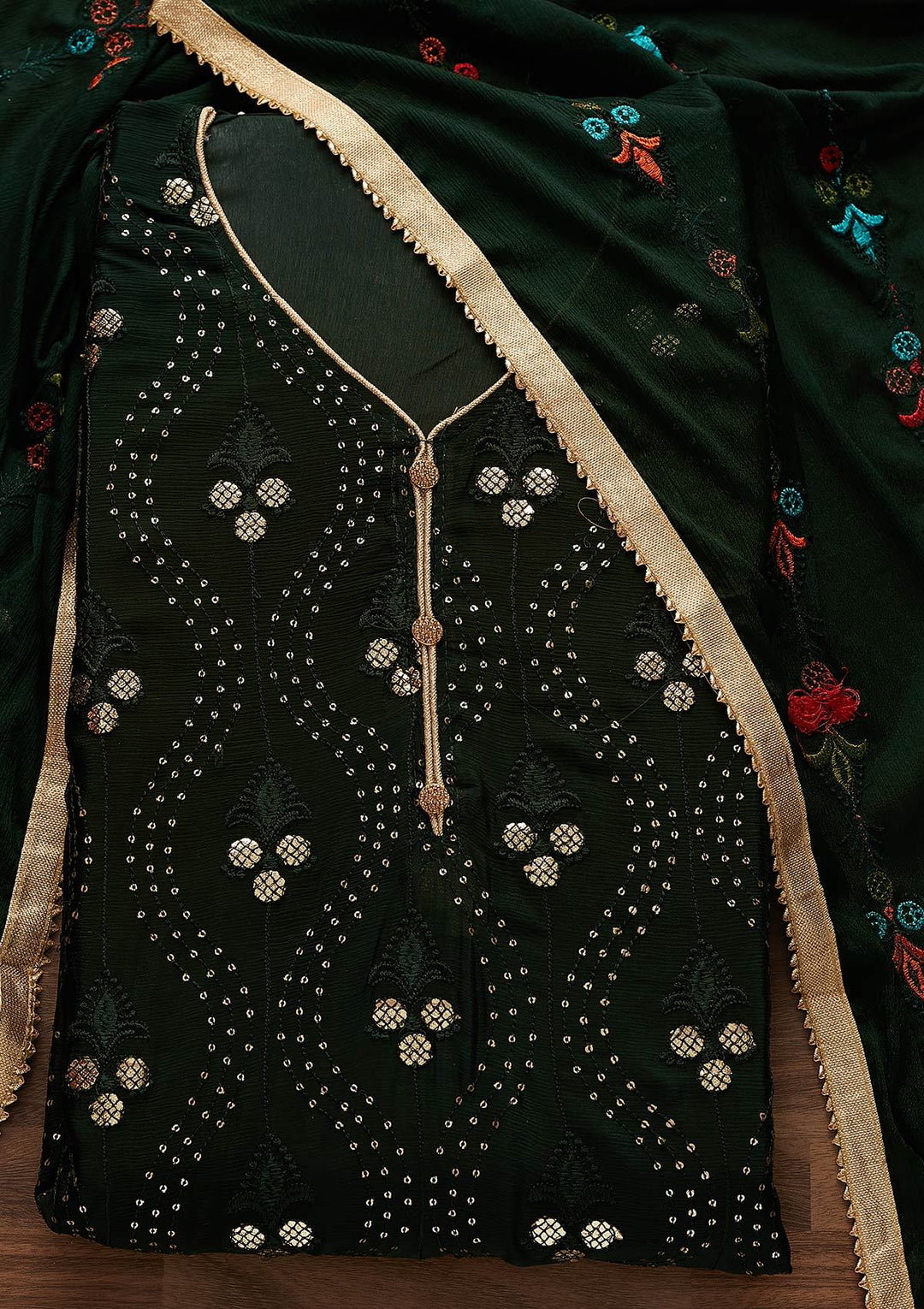 Bottle Green Swarovski Georgette Designer Unstitched Salwar Suit - Koskii
