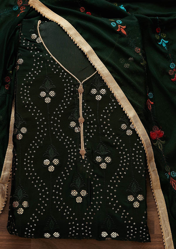 Bottle Green Swarovski Georgette Designer Unstitched Salwar Suit - Koskii