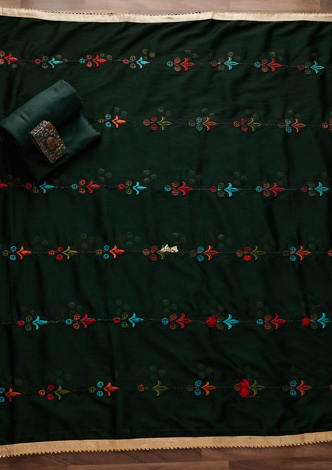 Bottle Green Swarovski Georgette Designer Unstitched Salwar Suit - Koskii
